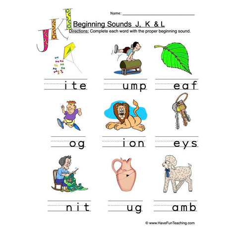 J K L Beginning Worksheet