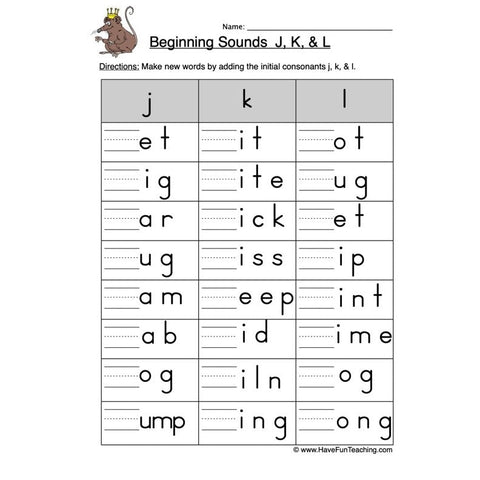 J K L Beginning Worksheet 2