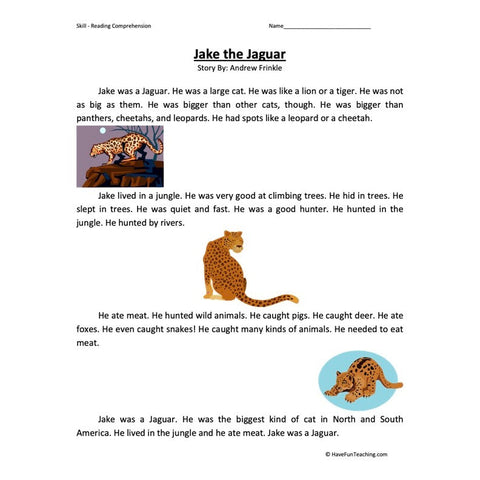 Jake the Jaguar Reading Comprehension Worksheet