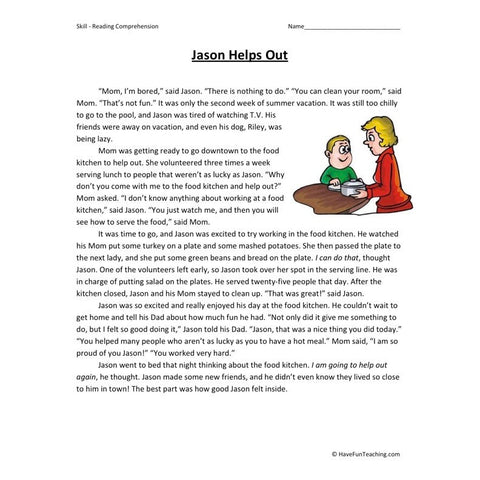 Jason Helps Out Reading Comprehension Worksheet