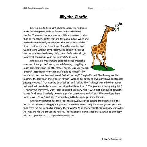 Jilly the Giraffe Reading Comprehension Worksheet