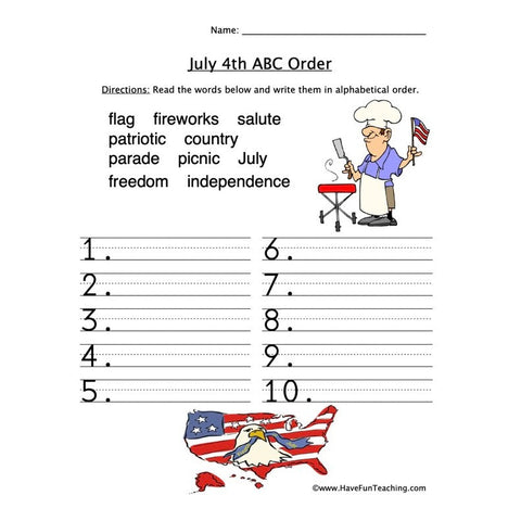 4th of July ABC Order Worksheet