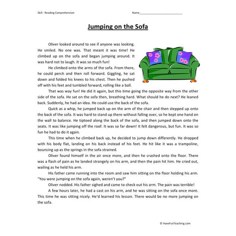 Jumping on the Sofa Reading Comprehension Worksheet