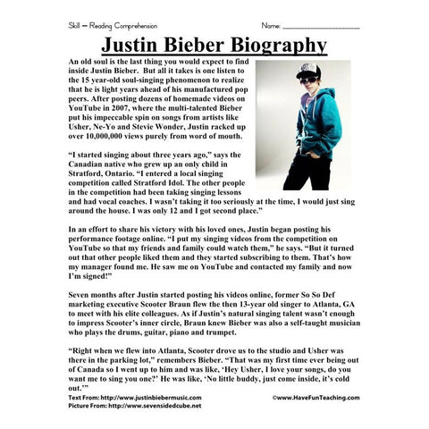 Justin Bieber Reading Comprehension Worksheet