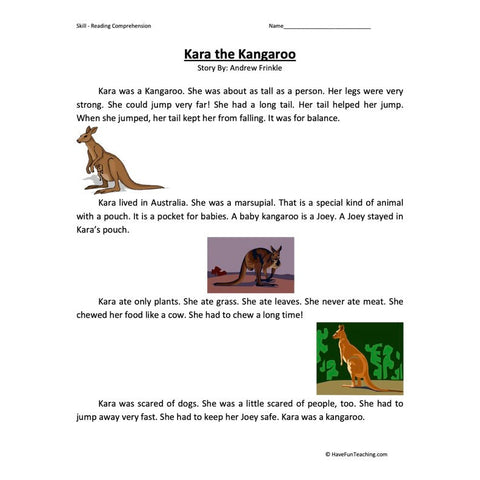 Kara the Kangaroo Reading Comprehension Worksheet