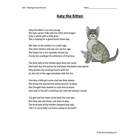 Katy the Kitten Reading Comprehension Worksheet