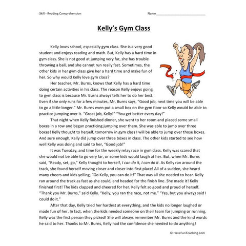 Kellys Gym Class Reading Comprehension Worksheet