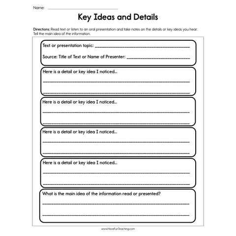 Key Ideas and Details Worksheet