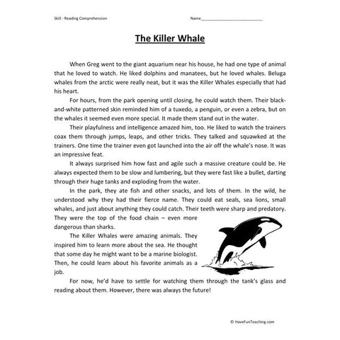 Killer Whales Reading Comprehension Worksheet