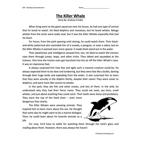 Killer Whales Reading Comprehension Worksheet 2