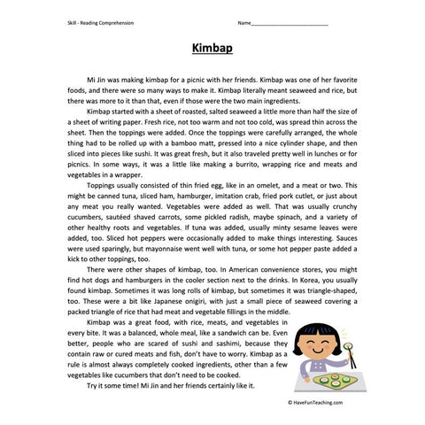 Kimbap Sixth Reading Comprehension Worksheet