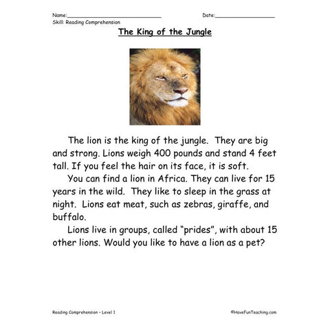 King of the Jungle Worksheet