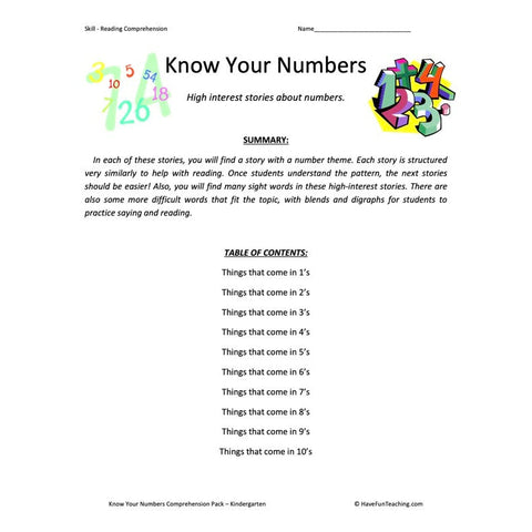 Know Your Numbers Collection Kindergarten Reading Comprehension Worksheets Worksheet