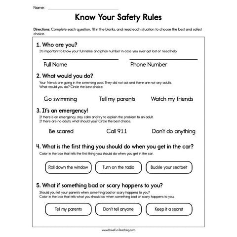 Know Your Safety Rules Worksheet