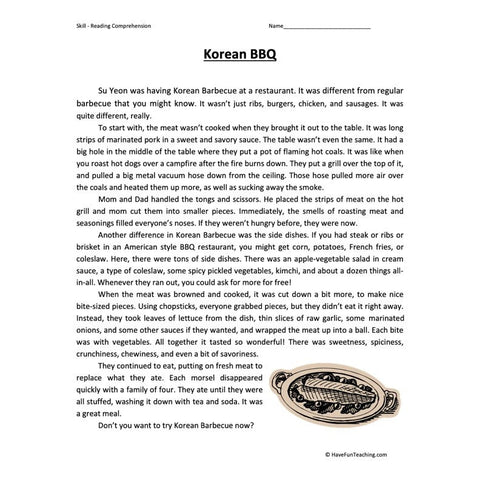 Korean Bbq Reading Comprehension Worksheet