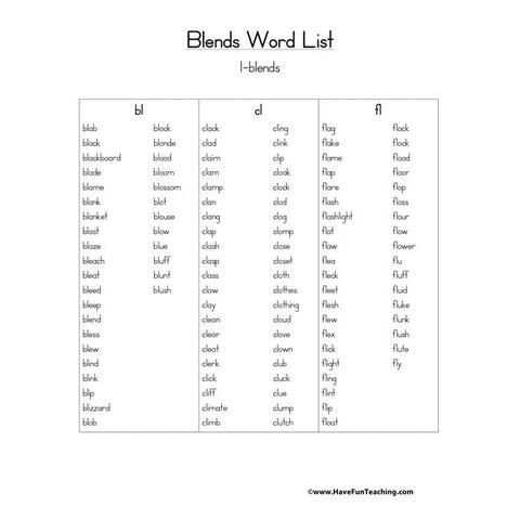 L Blends Word List Worksheet