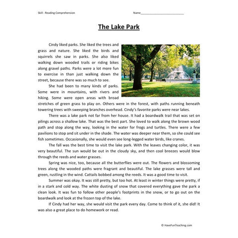 Lake Park Reading Comprehension Worksheet