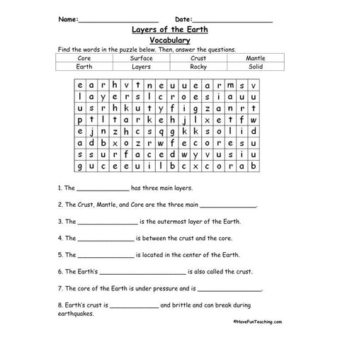 Layers of the Earth Vocabulary Worksheet