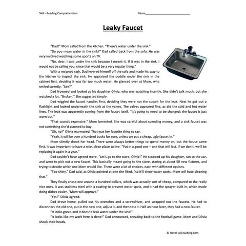 Leaky Faucet Reading Comprehension Worksheet