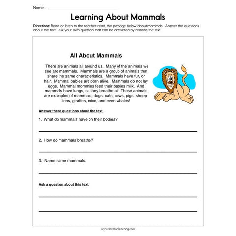 Learning About Mammals Worksheet