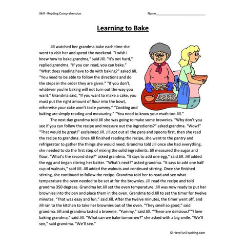 Learning to Bake Reading Comprehension Worksheet