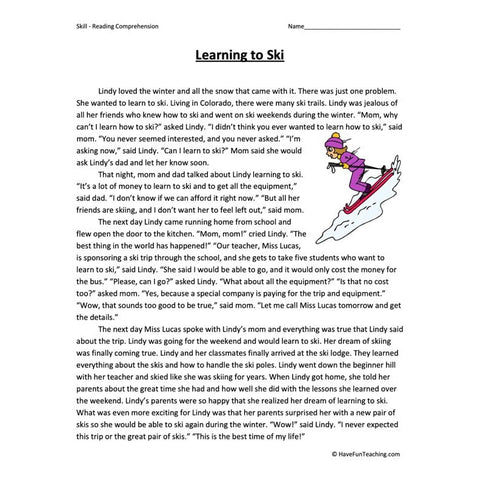 Learning to Ski Reading Comprehension Worksheet