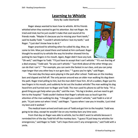 Learning to Whistle Reading Comprehension Worksheet
