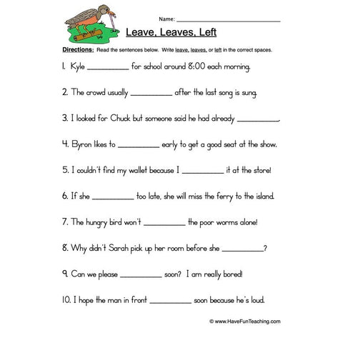Leave Leaves Left Worksheet