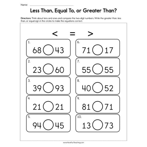 Less Than Equal to or Greater Than Worksheet