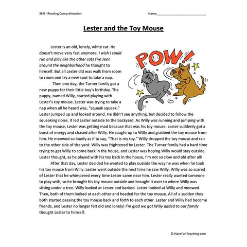 Lester and the Toy Mouse Worksheet