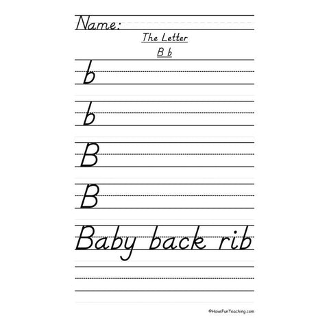 Letter B Dnealian Handwriting Practice Worksheet