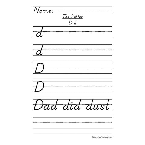Letter D Dnealian Handwriting Practice Worksheet