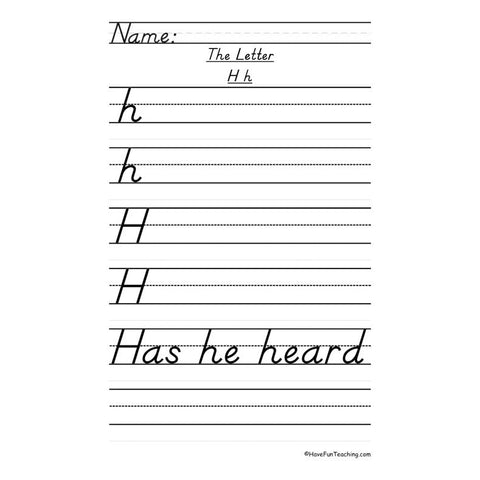 Letter H Dnealian Handwriting Practice Worksheet 2
