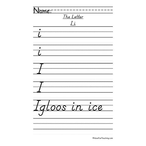 Letter I Dnealian Handwriting Practice Worksheet