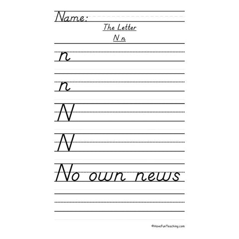 Letter N Dnealian Handwriting Practice Worksheet 2