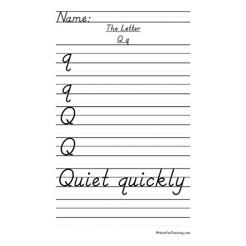 Letter Q Dnealian Handwriting Practice Worksheet 2