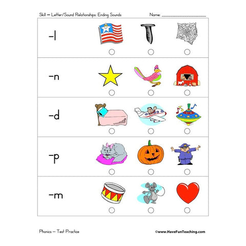 Letter Sound Relationships Ending Sounds Worksheet