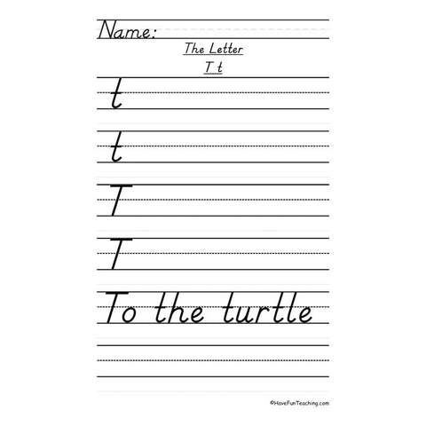 Letter T Dnealian Handwriting Practice Worksheet 2