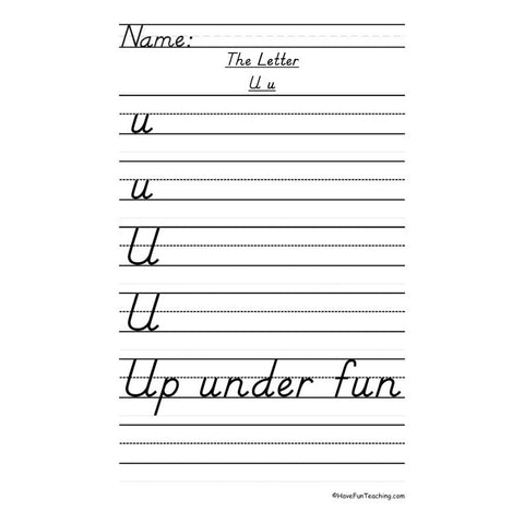 Letter U Dnealian Handwriting Practice Worksheet