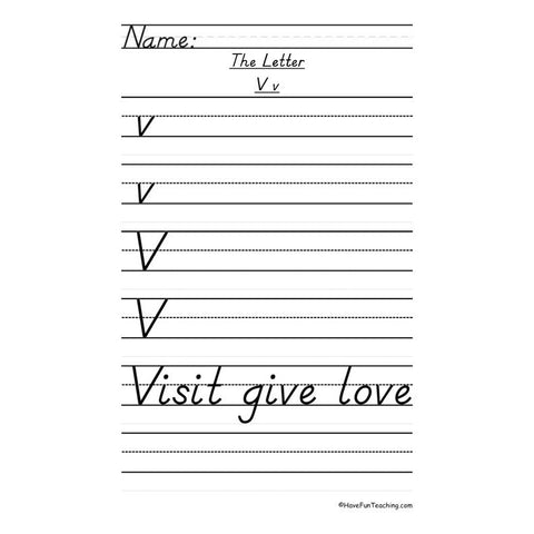 Letter V Dnealian Handwriting Practice Worksheet 2