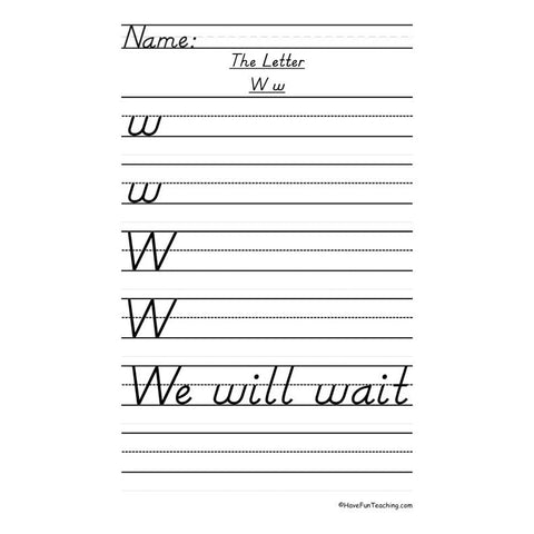 Letter W Dnealian Handwriting Practice Worksheet 2