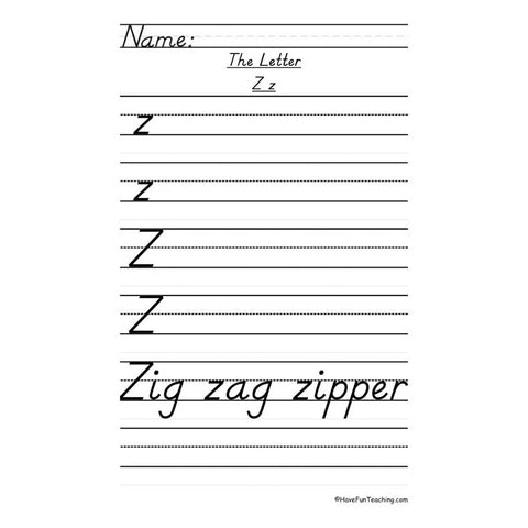 Letter Z Dnealian Handwriting Practice Worksheet 2