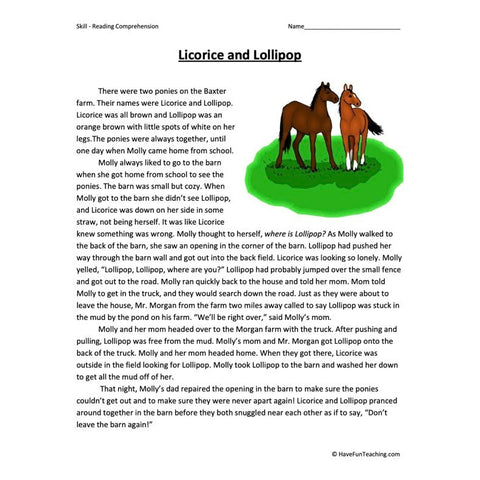 Licorice and Lollipop Reading Comprehension Worksheet