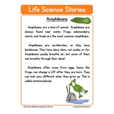 Life Science Stories Comprehension Amphibians Worksheet