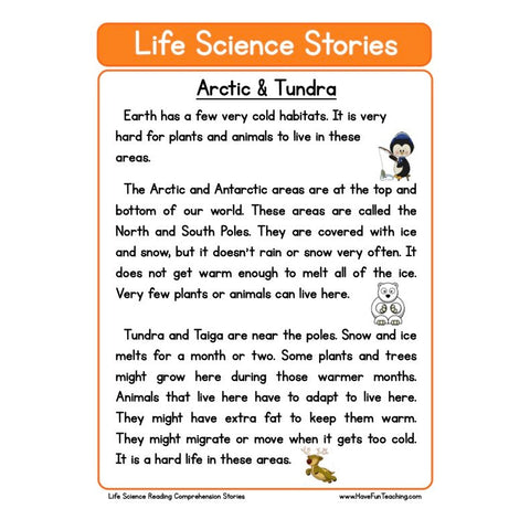 Life Science Stories Comprehension Arctic Tundra Worksheet