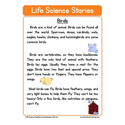 Life Science Stories Comprehension Birds Worksheet