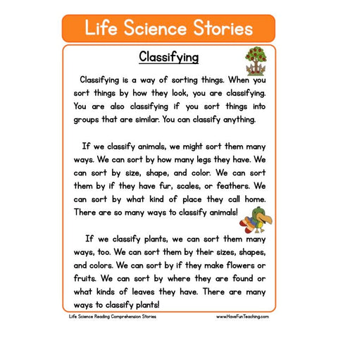 Life Science Stories Comprehension Classifying Worksheet