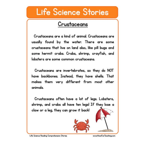 Life Science Stories Comprehension Crustaceans Worksheet