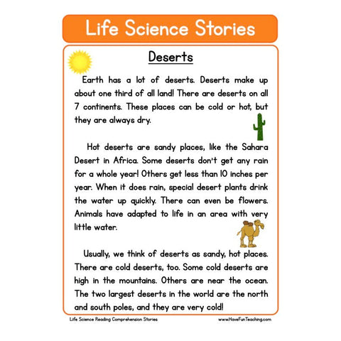 Life Science Stories Comprehension Deserts Worksheet