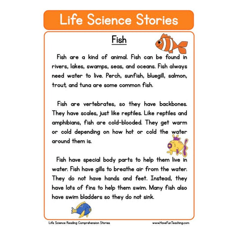Life Science Stories Comprehension Fish Worksheet